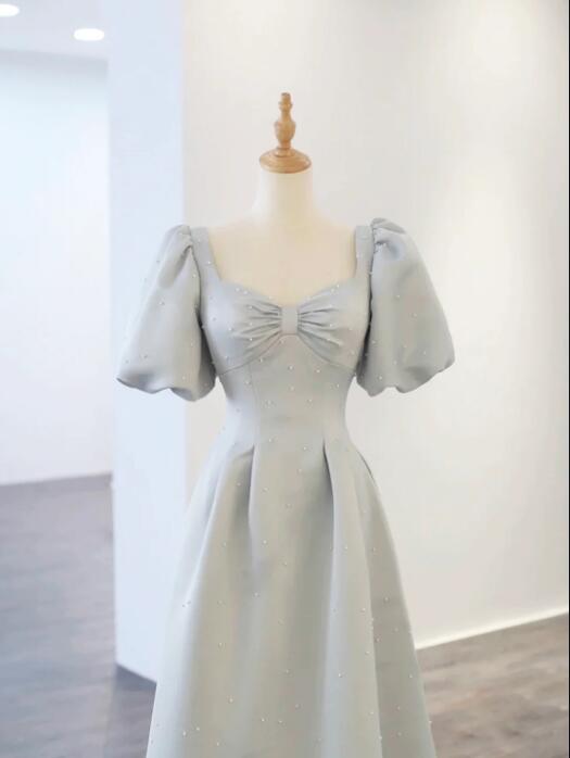 Lovely Satin Pearl Long Prom Dress, A-Line Short Sleeve Evening Party Dress