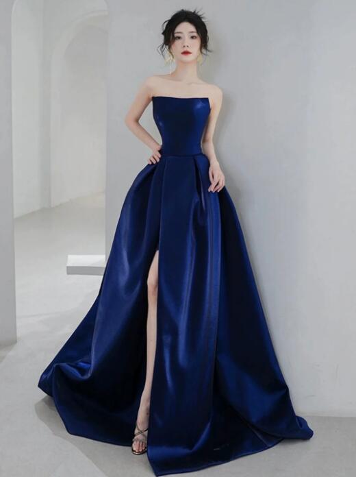 Blue Strapless Satin Long Prom Dress, Beautiful A-Line Evening Party Dress with Slit