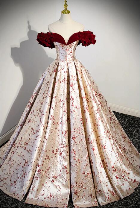 Beautiful Floral Satin Sweetheart Off Shoulder Prom Dress, Burgundy Long Satin Backless Party Dress