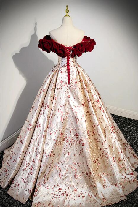 Beautiful Floral Satin Sweetheart Off Shoulder Prom Dress, Burgundy Long Satin Backless Party Dress