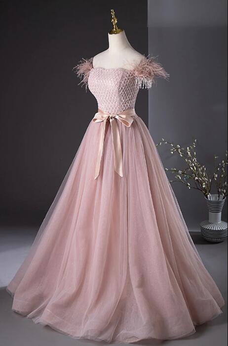 Pink Tulle Beaded Long Prom Dress, Lovely Pink Off the Shoulder Evening Party Dress