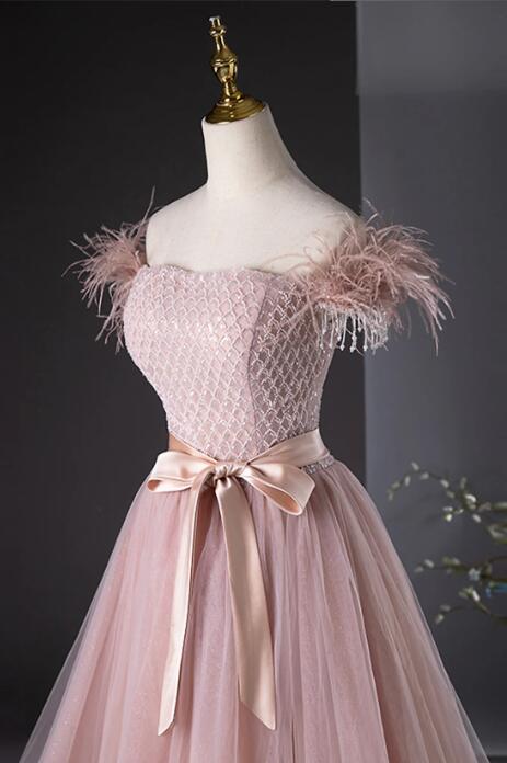 Pink Tulle Beaded Long Prom Dress, Lovely Pink Off the Shoulder Evening Party Dress