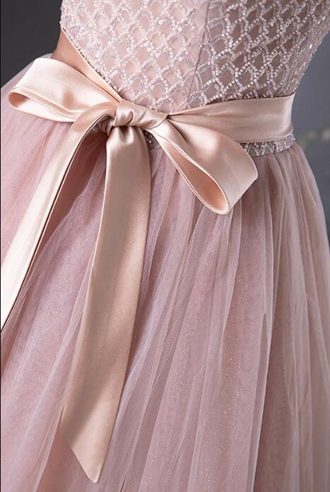 Pink Tulle Beaded Long Prom Dress, Lovely Pink Off the Shoulder Evening Party Dress