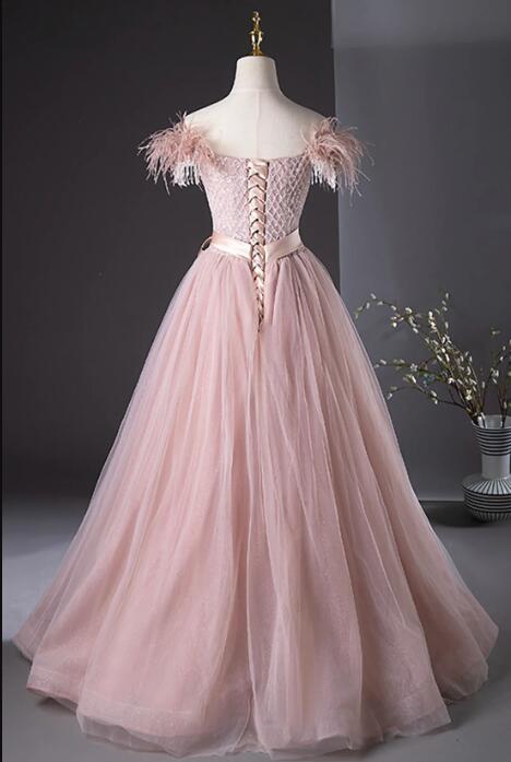 Pink Tulle Beaded Long Prom Dress, Lovely Pink Off the Shoulder Evening Party Dress