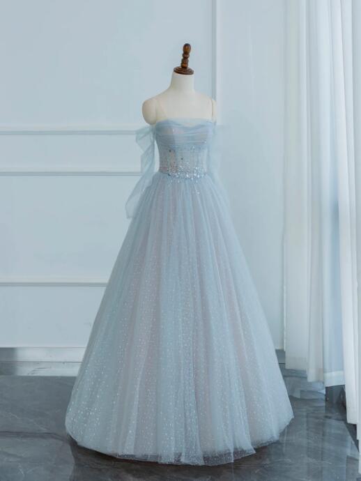 Dusty Blue Tulle Sequins Long Prom Dress, Off the Shoulder Long Sleeve Evening Party Dress