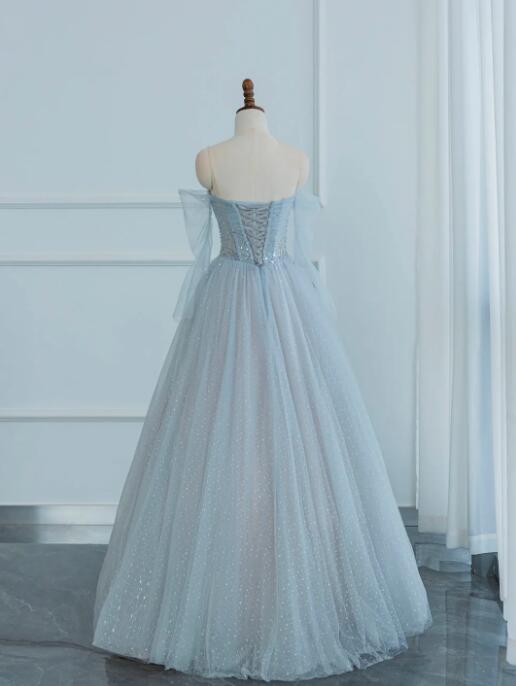 Dusty Blue Tulle Sequins Long Prom Dress, Off the Shoulder Long Sleeve Evening Party Dress