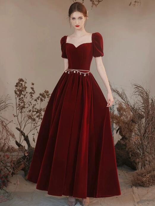 Lovely Velvet Long Prom Dress, Burgundy A-Line Short Sleeve Evening Dress