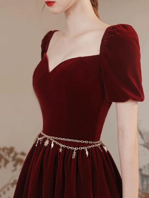 Lovely Velvet Long Prom Dress, Burgundy A-Line Short Sleeve Evening Dress