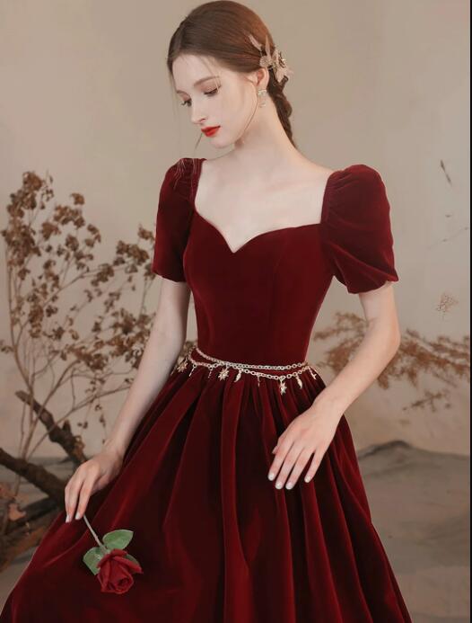 Lovely Velvet Long Prom Dress, Burgundy A-Line Short Sleeve Evening Dress