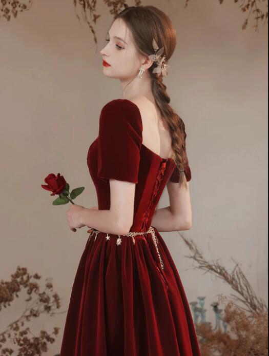 Lovely Velvet Long Prom Dress, Burgundy A-Line Short Sleeve Evening Dress