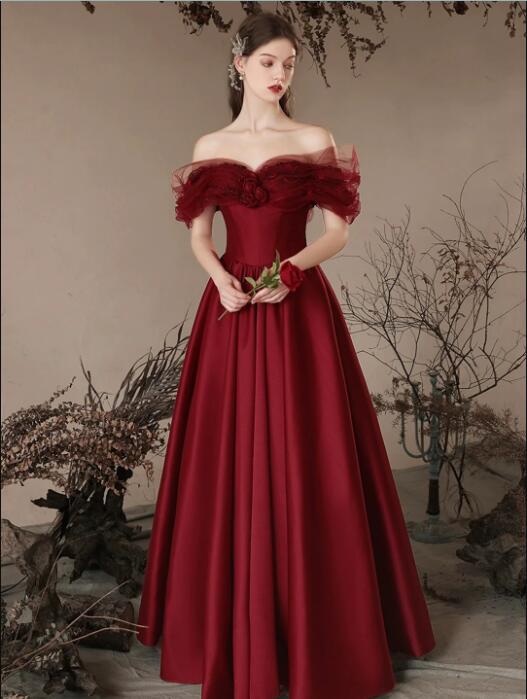 Burgundy Satin Off the Shoulder Floor Length Prom Dress, Beautiful A-Line Evening Dress