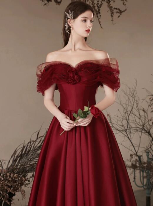 Burgundy Satin Off the Shoulder Floor Length Prom Dress, Beautiful A-Line Evening Dress