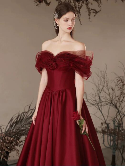 Burgundy Satin Off the Shoulder Floor Length Prom Dress, Beautiful A-Line Evening Dress