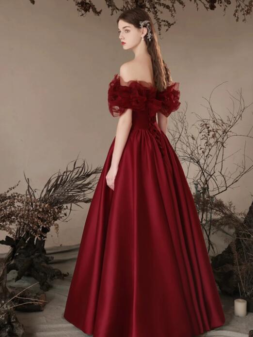 Burgundy Satin Off the Shoulder Floor Length Prom Dress, Beautiful A-Line Evening Dress