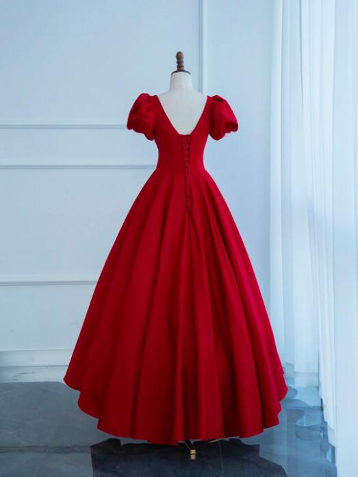 Dark Red Satin Long Prom Dress, A-Line Short Sleeve Evening Party Dress