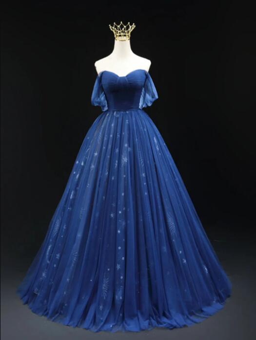 Beautiful Blue Tulle Floor Length Prom Dress, A-Line Off the Shoulder Princess Dress Evening Dress