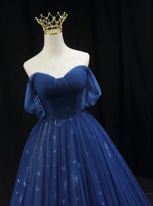 Beautiful Blue Tulle Floor Length Prom Dress, A-Line Off the Shoulder Princess Dress Evening Dress