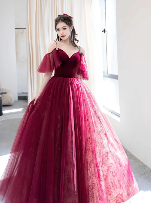 Beautiful V-Neck Velvet Tulle Long Prom Dress, Burgundy Spaghetti Strap Evening Party Dress