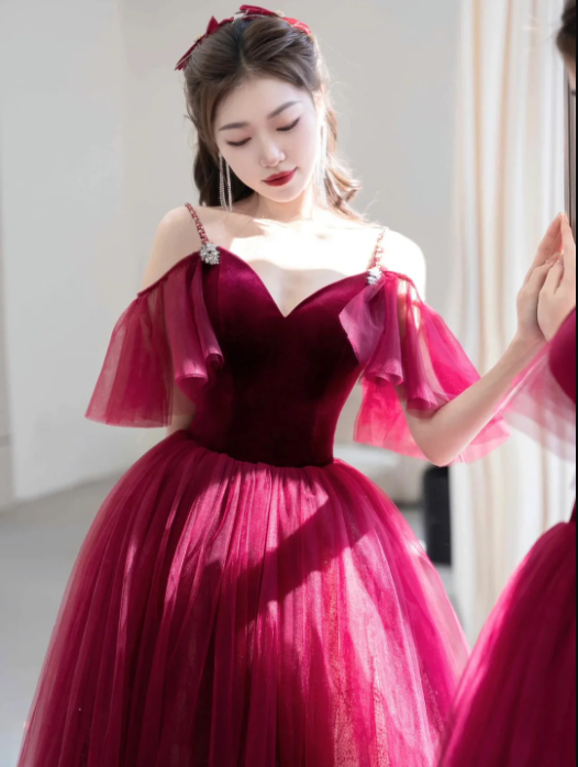 Beautiful V-Neck Velvet Tulle Long Prom Dress, Burgundy Spaghetti Strap Evening Party Dress