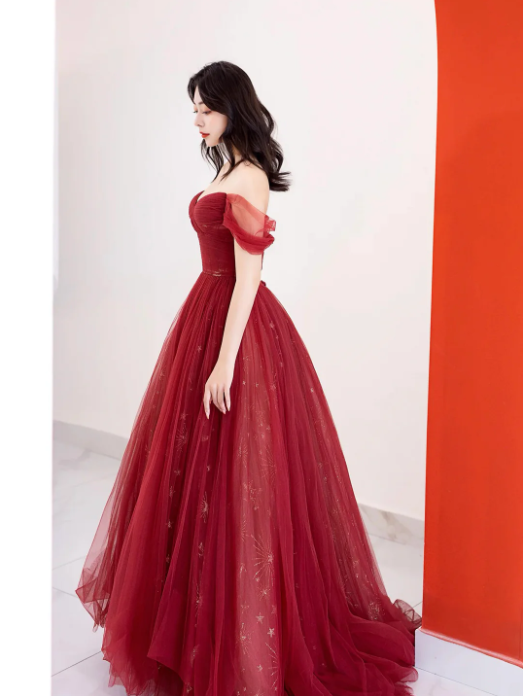 Burgundy Tulle Long Prom Dress, Beautiful A-Line Off the Shoulder Evening Party Dress