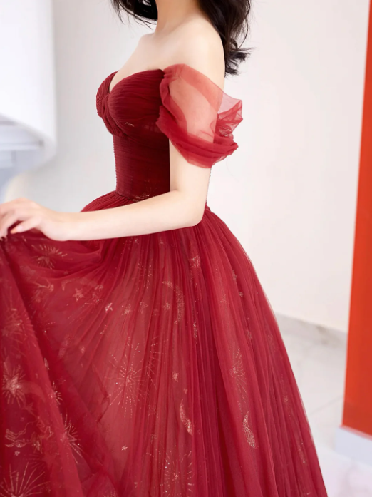 Burgundy Tulle Long Prom Dress, Beautiful A-Line Off the Shoulder Evening Party Dress