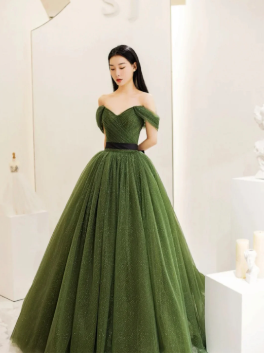 Green Tulle Floor Length Prom Dress, Lovely Off the Shoulder Evening Party Dress