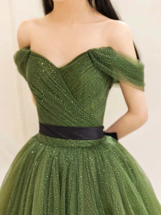 Green Tulle Floor Length Prom Dress, Lovely Off the Shoulder Evening Party Dress