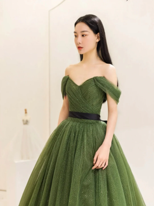 Green Tulle Floor Length Prom Dress, Lovely Off the Shoulder Evening Party Dress