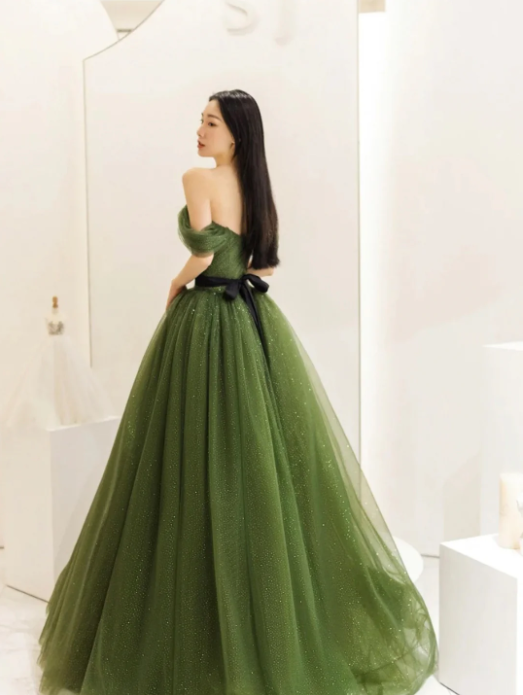 Green Tulle Floor Length Prom Dress, Lovely Off the Shoulder Evening Party Dress