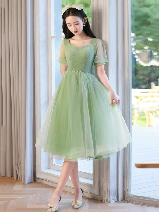 Cute Tulle Short Knee Length Prom Dress, Green A-Line Evening Party Dress