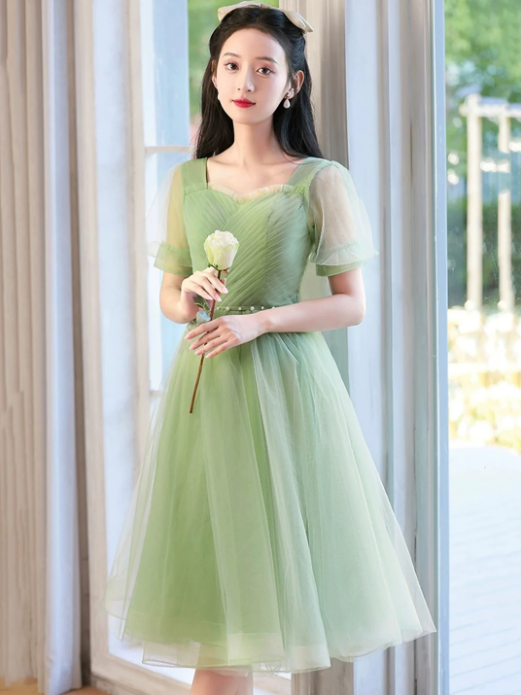 Cute Tulle Short Knee Length Prom Dress, Green A-Line Evening Party Dress