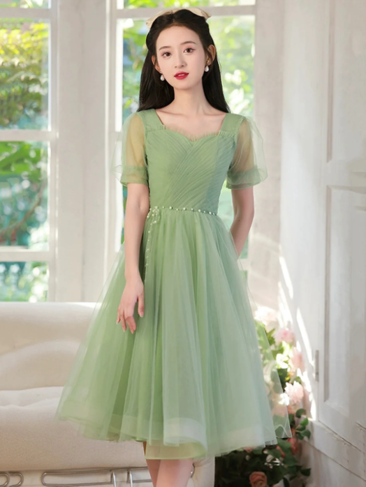 Cute Tulle Short Knee Length Prom Dress, Green A-Line Evening Party Dress