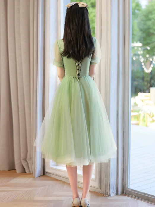 Cute Tulle Short Knee Length Prom Dress, Green A-Line Evening Party Dress