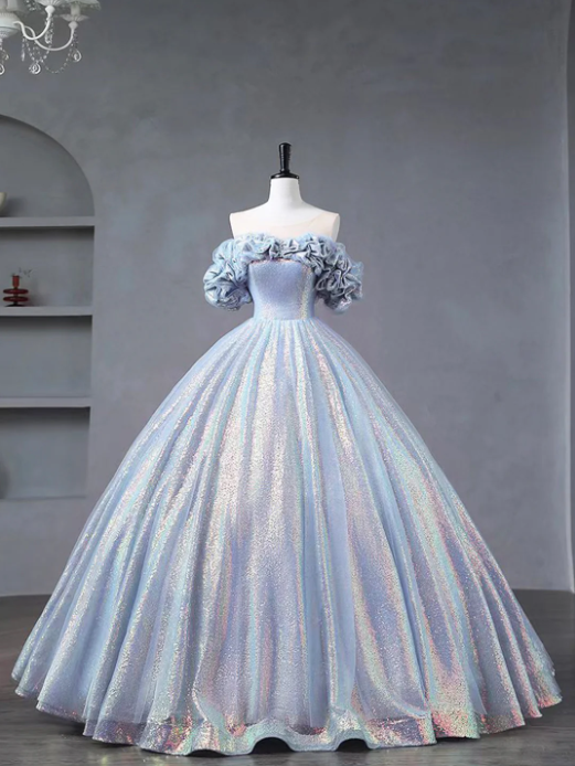 Blue Tulle Sequins Long Formal Dress, Off the Shoulder Princess Dress Sweet 16 Dress