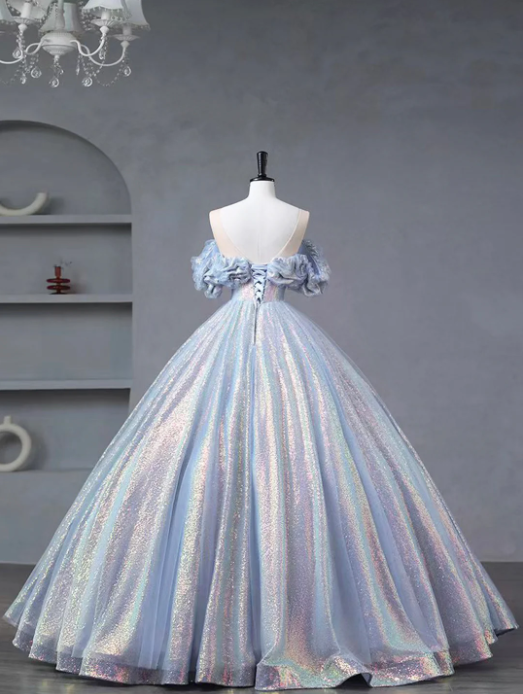 Blue Tulle Sequins Long Formal Dress, Off the Shoulder Princess Dress Sweet 16 Dress