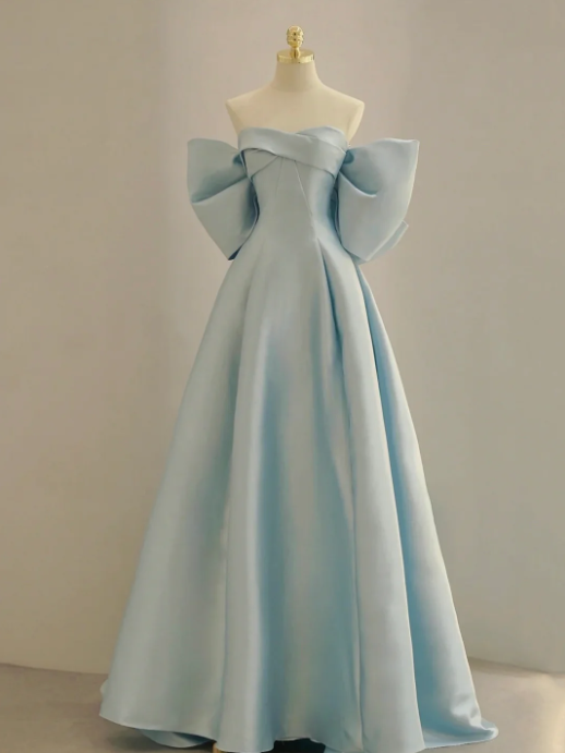 Charming Blue Satin Long Prom Dress with Big Bow, A-Line Sweetheart Neck Formal Dress