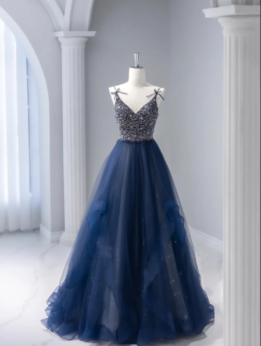 Blue Tulle Beaded Long Prom Dress, A-Line Spaghetti Strap Formal Evening Dress