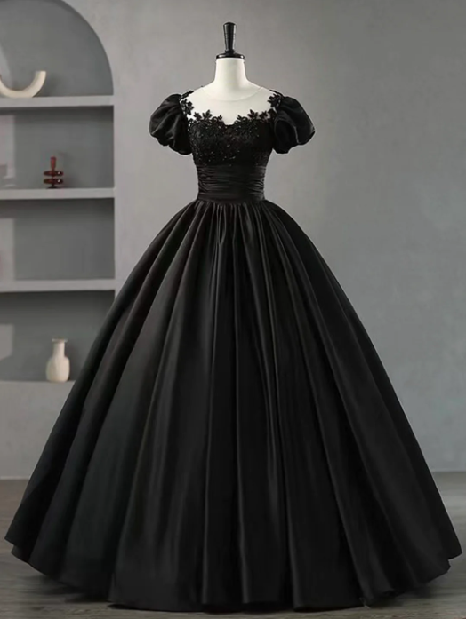 Black Scoop Neckline Satin Lace Long Prom Dress, A-Line Short Sleeve Party Dress