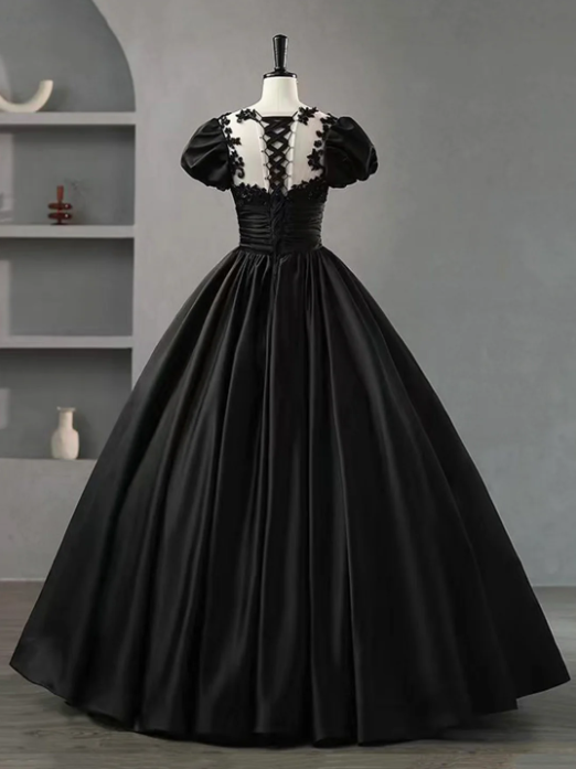 Black Scoop Neckline Satin Lace Long Prom Dress, A-Line Short Sleeve Party Dress