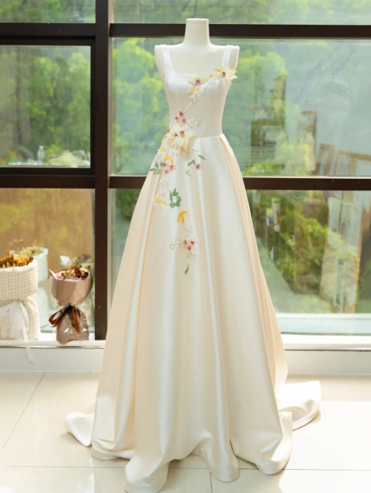 Elegant Satin Floor Length Formal Dress with 3D Flowers, Light Champagne A-Line Evening Party Dress