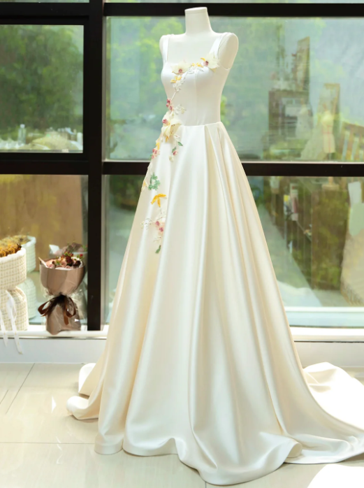 Elegant Satin Floor Length Formal Dress with 3D Flowers, Light Champagne A-Line Evening Party Dress