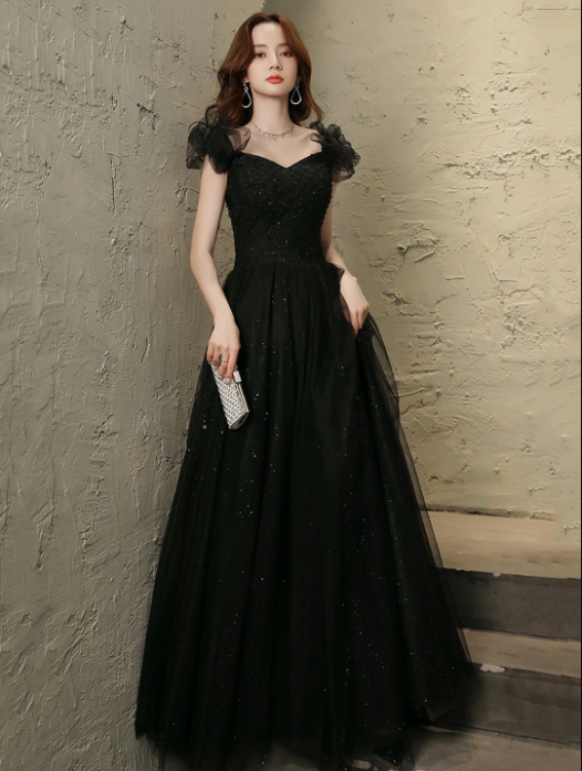 Black Tulle Beaded Long Prom Dress, Short Sleeve Evening Party Dress