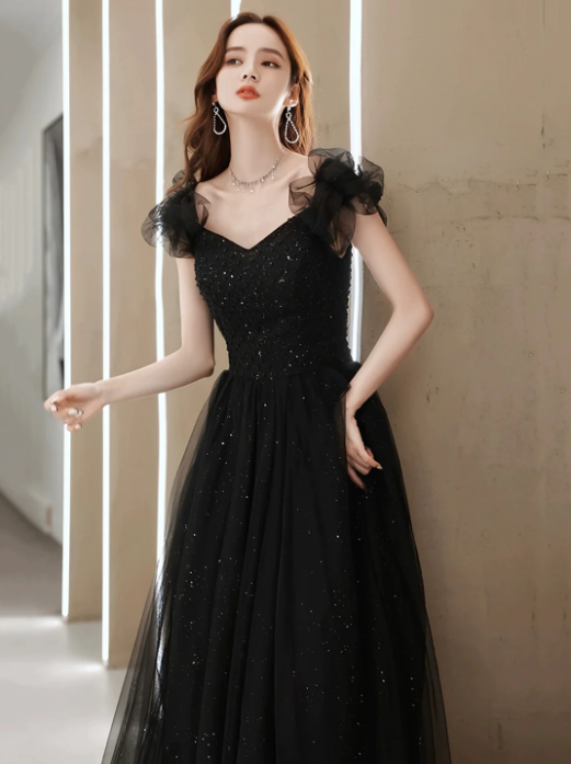 Black Tulle Beaded Long Prom Dress, Short Sleeve Evening Party Dress