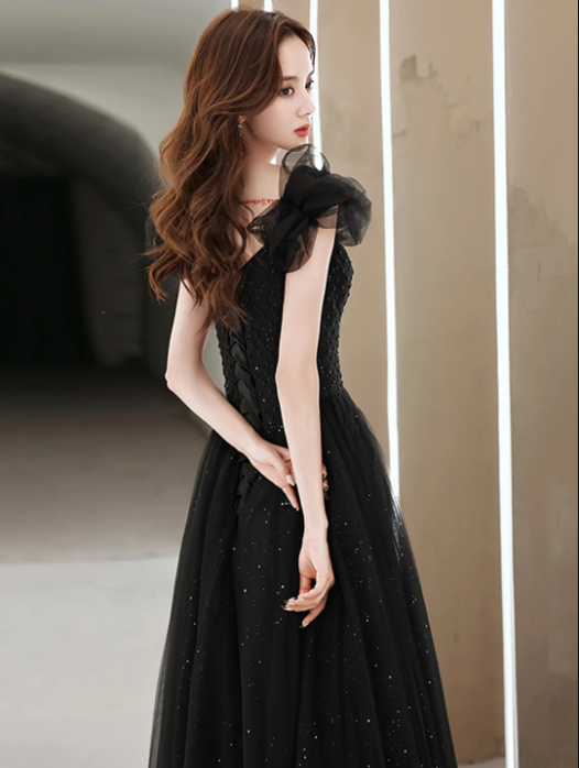 Black Tulle Beaded Long Prom Dress, Short Sleeve Evening Party Dress