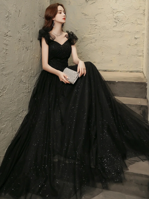 Black Tulle Beaded Long Prom Dress, Short Sleeve Evening Party Dress