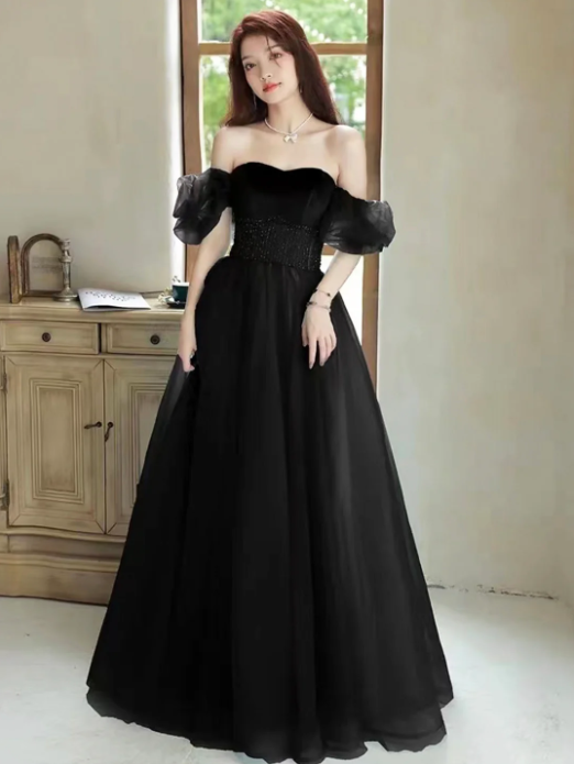 Black Off the Shoulder Velvet and Tulle Long Prom Dress, A-Line Black Evening Dress