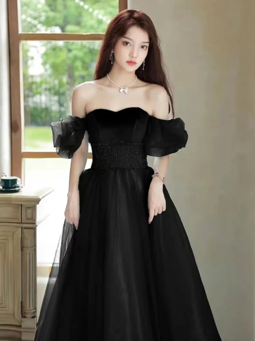 Black Off the Shoulder Velvet and Tulle Long Prom Dress, A-Line Black Evening Dress