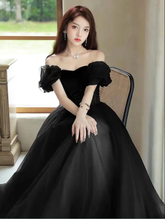 Black Off the Shoulder Velvet and Tulle Long Prom Dress, A-Line Black Evening Dress