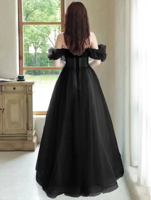 Black Off the Shoulder Velvet and Tulle Long Prom Dress, A-Line Black Evening Dress