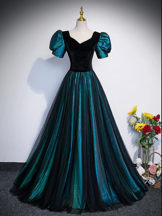 Unique Black Velvet and Tulle Long Prom Dress, A-Line Short Sleeve Evening Party Dress